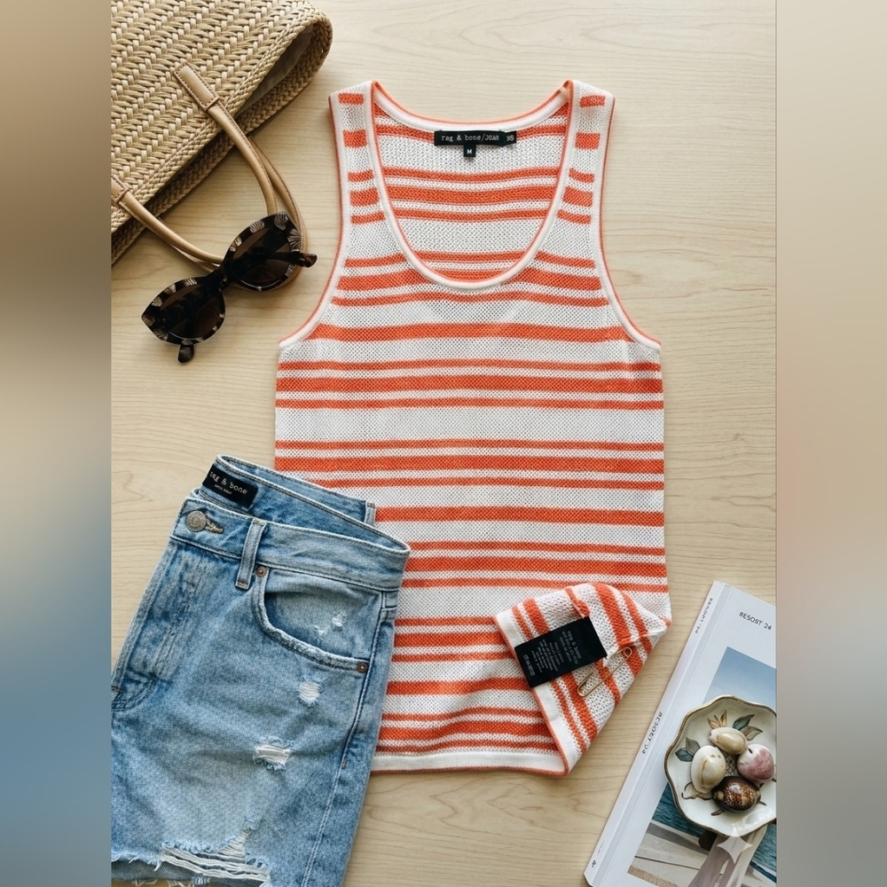 Rag & Bone / JEAN Striped Open Knit Crochet Tank Top - Orange & White - XS
